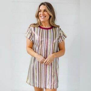 Sequin Stripe Shirt Dress, Garnet & Gold